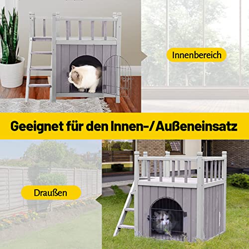 Katzenhaus Hundehaus Katzenhöhle 2-Schicht,Verbindung mit Terrasse und Treppe für drinnen und draußen 69.5x48.5x65.5 cm