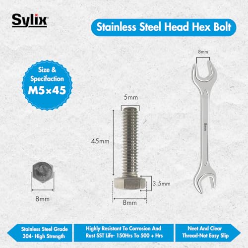 Image of SYLIX M5 x 45mm Stainless Steel Hex Head Bolt with Nut & Washer Set Rust-Proof, Precision Threaded, Heavy-Duty Fasteners for DIY, Automotive, Industrial, Plumbing Use (25 PCS)