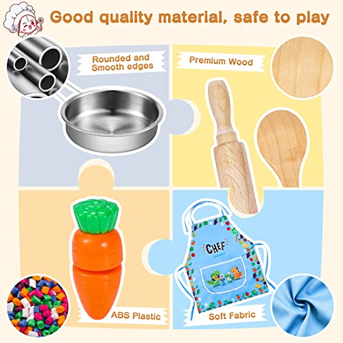 lenbest Kinderküche Zubehör - Spielküche Zubehör Holz Edelstahl Pfannenset | Lebensmittel | Schürze Kinder - Matschküche… – Bild 5