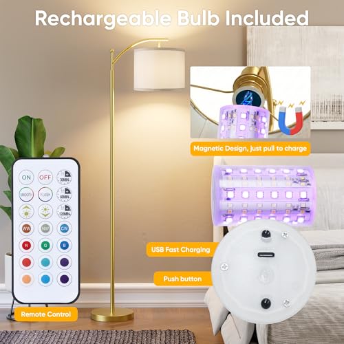 Image of Battery Operated Floor Lamp, RGB Dimmable Cordless Standing Lamp with Remote Control for Living Room, Tall Floor Lamp for Bedroom -Gold