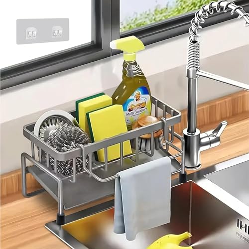 Makenrry Organizador de Fregadero Cocina, Soporte para Estropajo y Esponja con Bandeja de Drenaje, Para Almacenaje de Cocina y Baño, Con Ventosas (Gris)