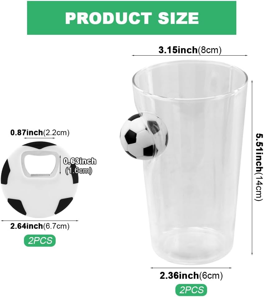 2 Pack Soccer Beer Glass, 15oz Soccer Shaped Drinking Cup with 2 Magnet Bottle Openers, Ball Sport Stemless Wine Drinking Juice Glass Cup for Match Day Parties, Home Sport Party Supplies Gift