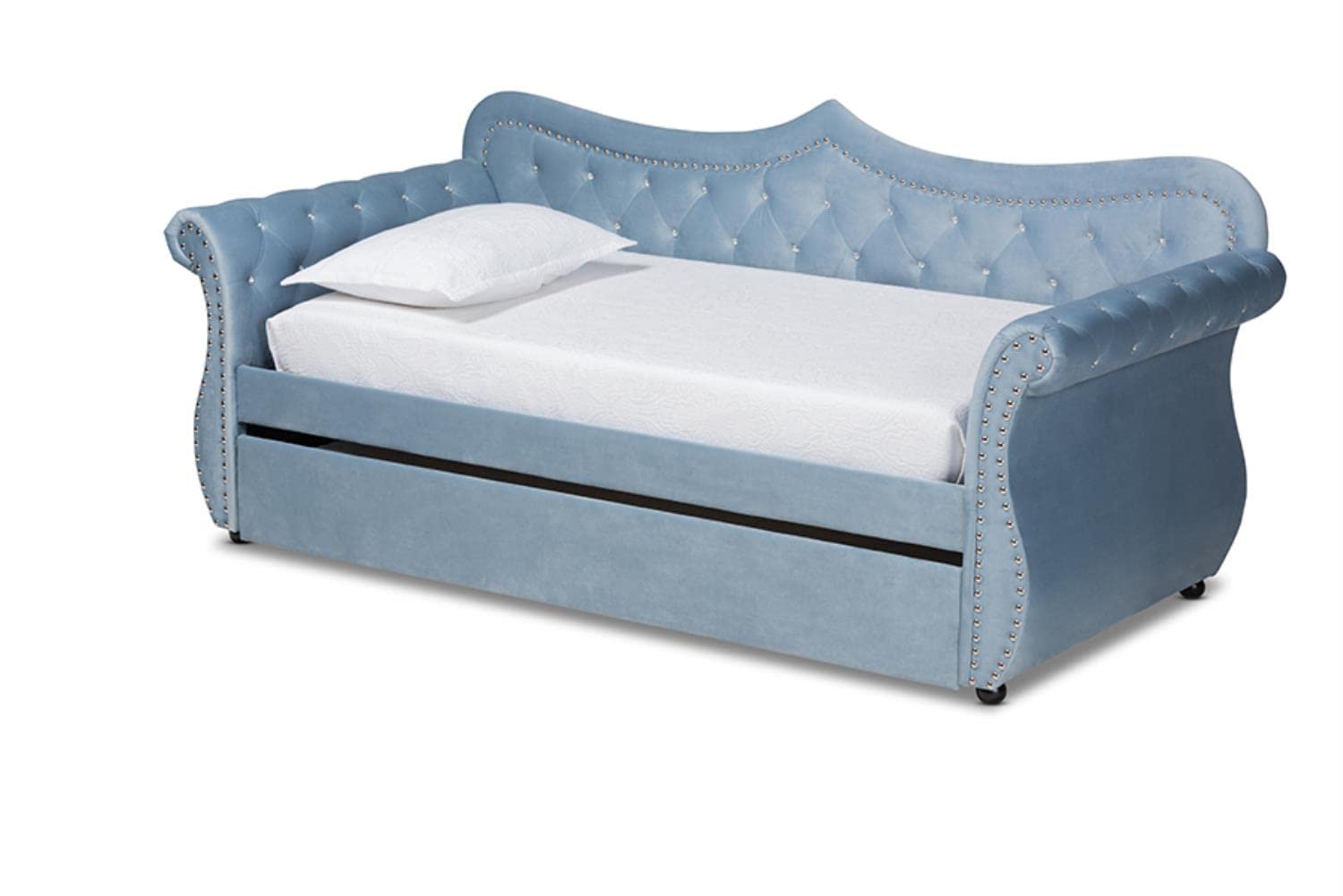 Baxton Studio Abbie Traditional and Transitional Light Blue Velvet Fabric Upholstered and Crystal Tufted Twin Size Daybed with Trundle (Incomplete Box 2 of 2  
