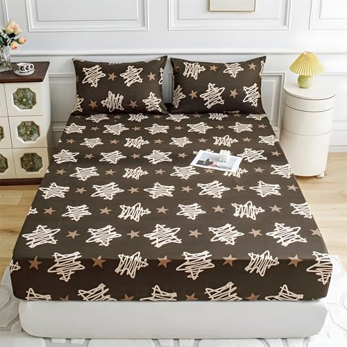 Sabana Bajera 180x200 GeoméTrico Sabanas Bajeras Estampadas Estrellas Sábana Bajera Ajustable Suaves, Elastico Funda Colchon con 2 Funda Almohada 50x80 cm, para Colchón de 30cm de Altura