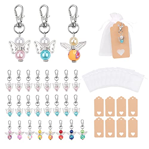 Getervb Lot de 24 Porte-clés Ange Gardien Pendentifs Ange Gardien Invité Porte Clé avec Pochette en Organza Etiquette Cadeau pour Mariage Baptême Noël Anniversaire Communion Confirmation