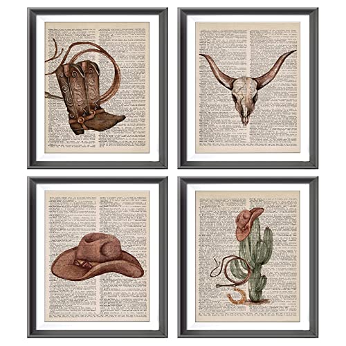 Image of Western Cowboy Boots Hat Bull Skull Cactus Vintage Dictionary Art Poster Prints for Girls Room Dorm Decor,Watercolor Retro Preppy Decorations Prints Wall Art Unframed 4pcs 8x10inches,Teen Girls Gifts
