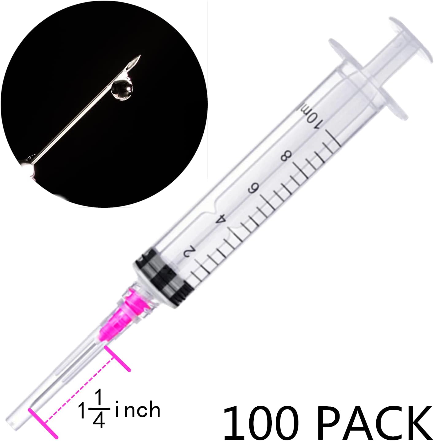 100 Pack 10ml with 18Ga Disposable Plastic Measuring Lab Supplies, Individually Sealed Wrapped