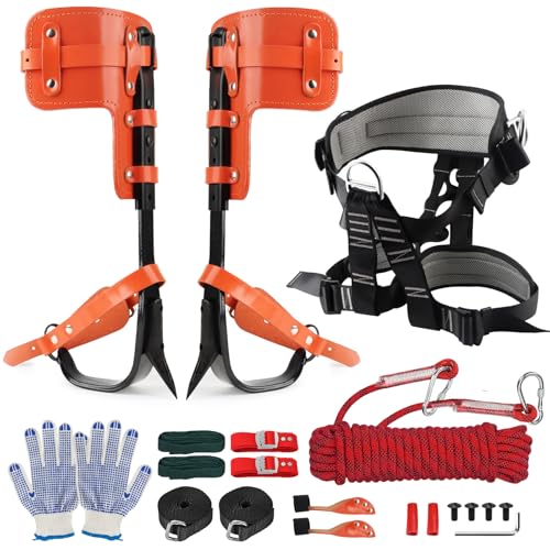 YTCYKJ Professional Tree Climbing Spikes Set Height-Adjustable Climbing Spurs 350lb Load Rating Tree Climbing Gear Includes Rope & Straps for Arborists Hunters Fruit Harvesting
