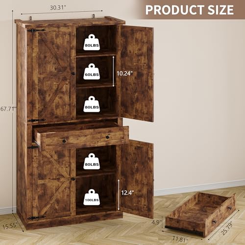 Image of BORNOON Pantry Organizers and Storage Cabinet, 67.71 inch Barn Door White Kitchen Cabinet with Drawers and Adjustable Shelf, Tall Pantry for Kitchen, Dining Room, Living Room