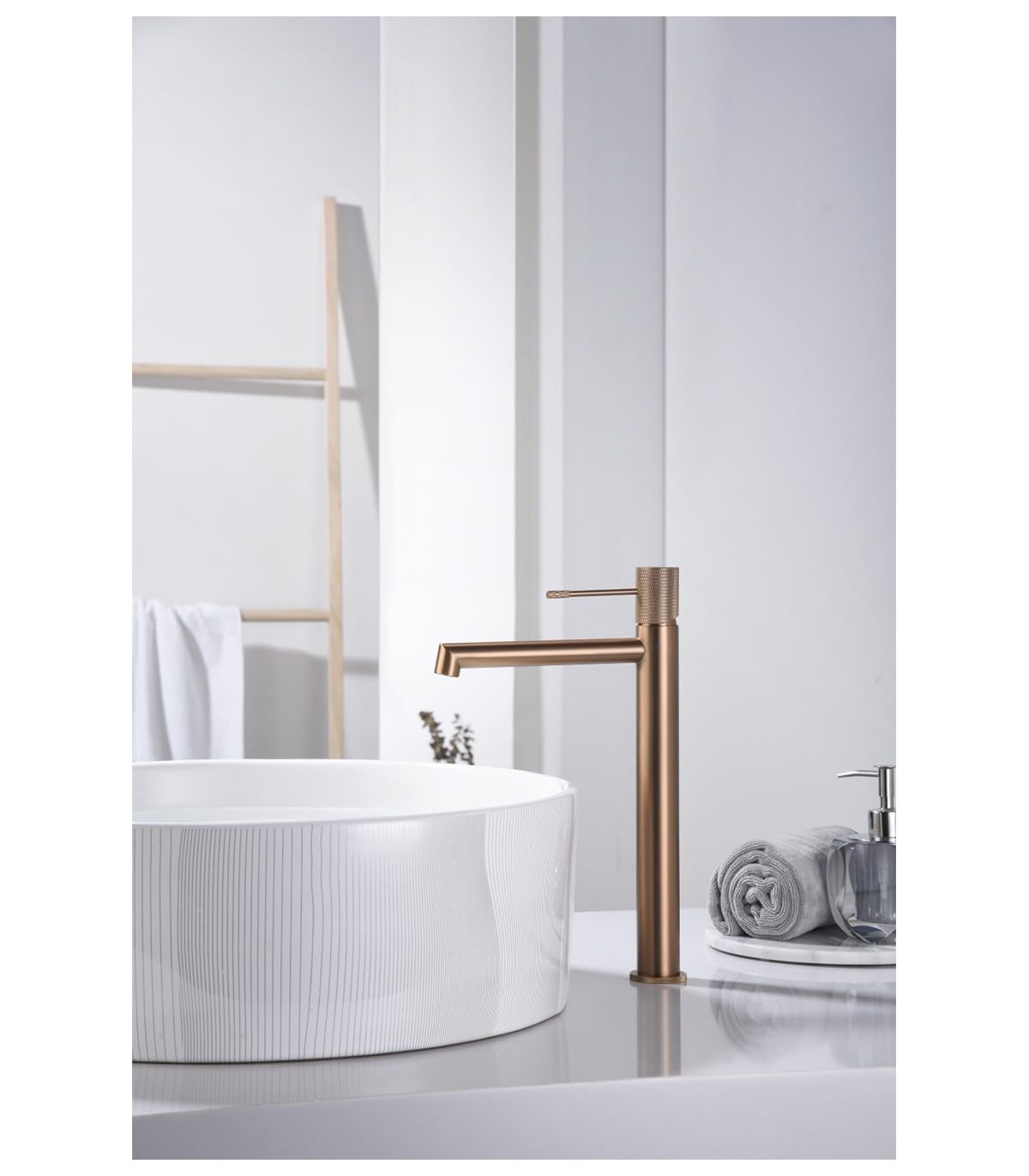 IMEX Grifo Monomando Lavabo Alto - BDD038-3 Cuerpo de Latón, Cartucho Cerámico Ø26mm TOP, Flexos 3/8”, Acabado Moderno Serie Line (Oro rosa Cepillado)