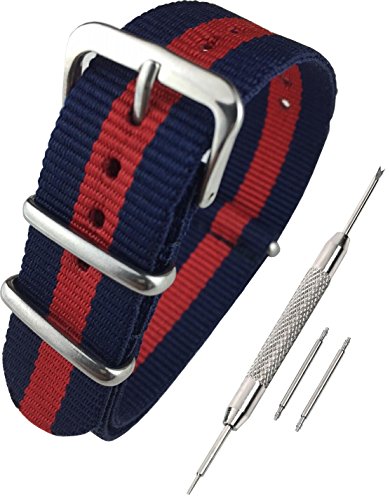 Airself NATOタイプ 時計ベルト 時計バンド ナイロン 替えバンド 替えベルト (交換説明書 交換工具 バネ棒付) (12mm, ネイビー×レッド)