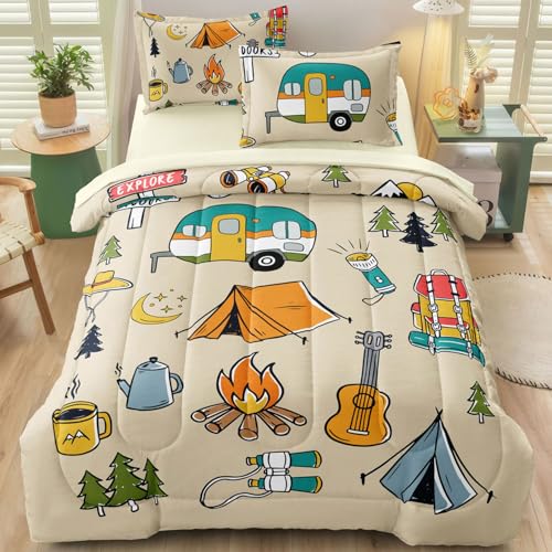 SIRDO Twin Camping Decor Comforter Set for Kids & Teens