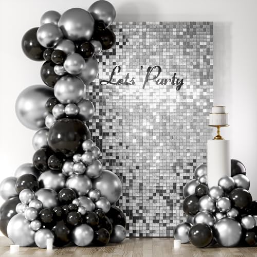 Image of COKAOBE Silver Shimmer Wall Backdrop, 18 Pcs Square Sequin Shimmer Backdrop Panel, Photo Backdrops for Birthday, Anniversary, Wedding, Graduation & Bachelorette Party Decoration