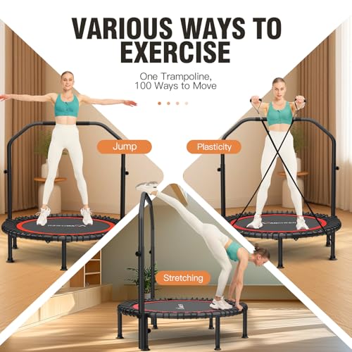 Image of ANCHEER 40 inch /48 inch Foldable Mini Trampoline,Max Load 450lbs /550lbs Indoor Trampoline,with 4 Level Adjustable Foam Handle and Resistance Bands,Adult Exercise Trampoline for Home, Garden, and Gym