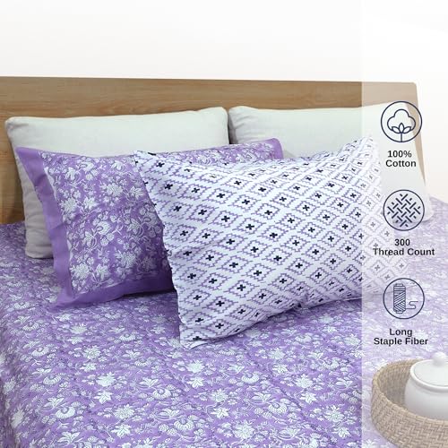 Image of TOAI Hand Block Printed Bedsheet | Bed Sheet Flatsheet | Pure Cotton | Double Bed Queen Size 90 inchx108 inch | 300 TC Bedsheets | Includes 2 Pillow Covers (Lavander Kalamkari)