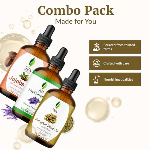 Image of SVA Pumpkin Seed, Lavender, and Jojoba Oil 4 oz Bundle Super Saver Combo - Value Set for Hair Oiling, Scalp Massage, Hair Care, Skin Care and Body Massage