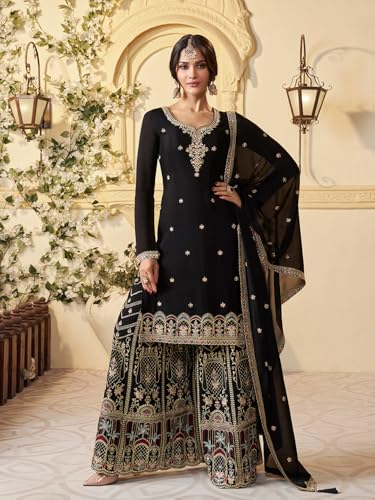 Image of Designer Palazzo Sharara Suit Set with Embroidered Dupatta, Traditional Indian Ethnic Dress, White and Black Variants
