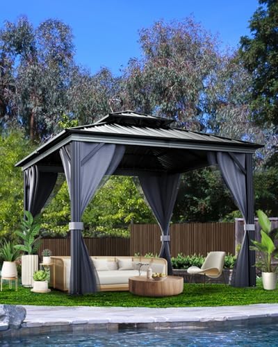 12x12 Ft Hardtop Gazebos with Heavy Duty Double Roof, Nettings and Curtains Galvanized Steel Outdoor Gazebos for Patio, Backyard, Deck, Lawn (Gray)