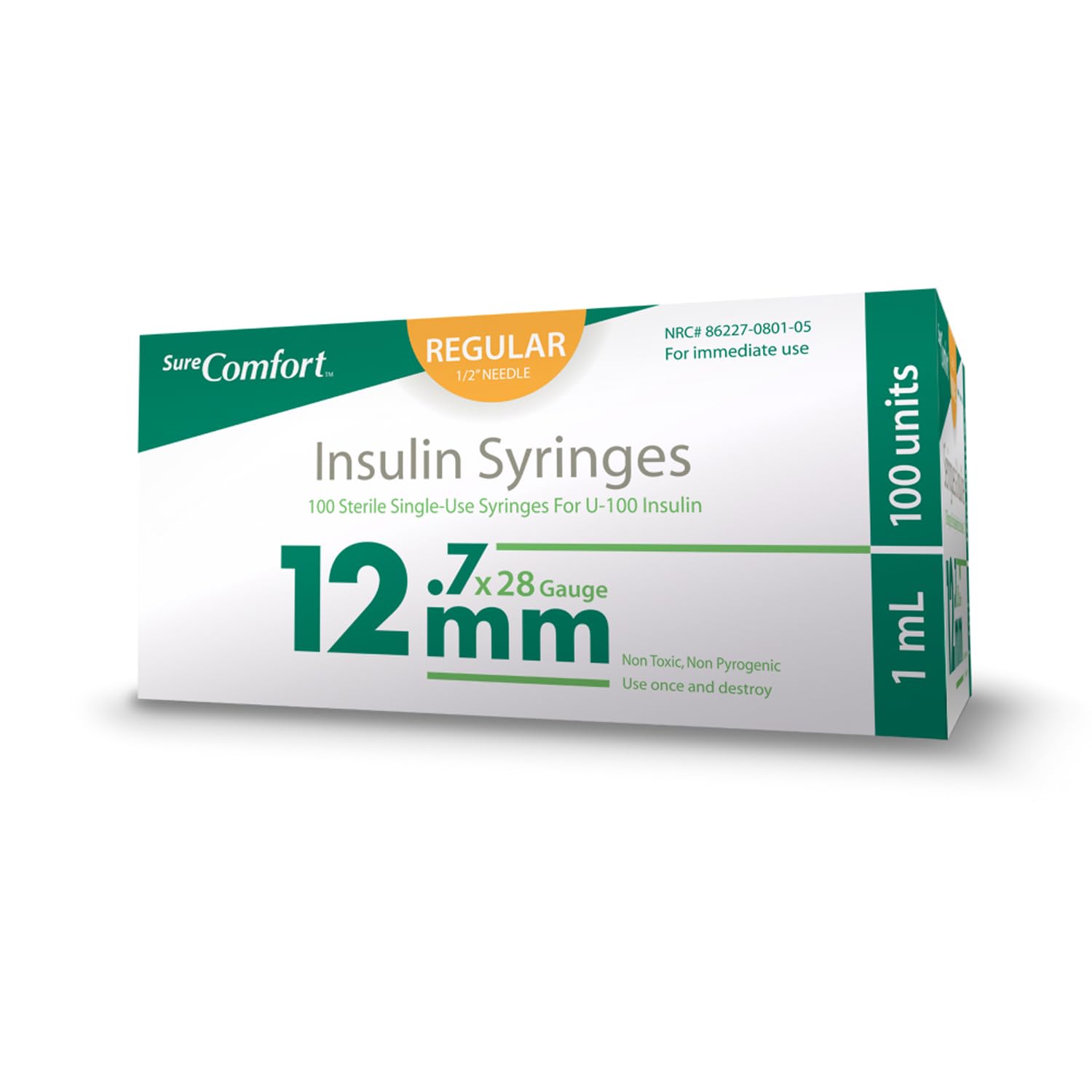 SureComfort U-100 Insulin Syringes 28G x 1/2" 1cc (12.7mm), Quality Disposable Syringes for Diabetes Care, Box of 100