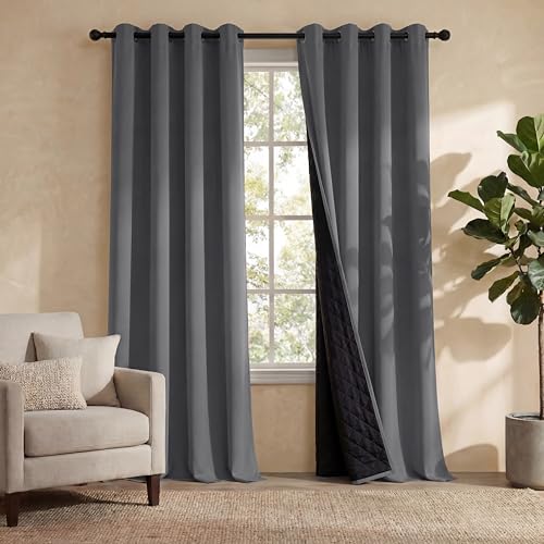 PONY DANCE 100% Blickdichte Vorhänge Wohnzimmer Dicke Vorhänge Hitzeschutz Ösenschal 2er Set H 240 x B 140 cm Schlafzimmer Doppellagige Schallschutz Gardinen mit Ösen, Grau