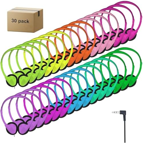 30 Pack Class Set Headphones for Kids Students School Classroom Bulk Earphones Adjustable with 3.5 mm Jack for Library Children Adults(004 Multi Color Headphones)