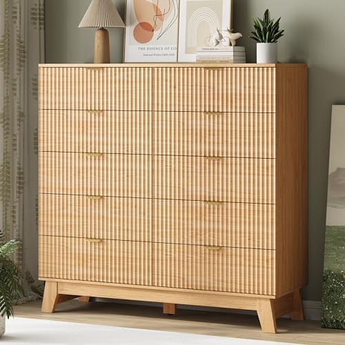 Image of Fluted Dresser for Bedroom with 10 Drawers, 48 inch Wide Modern Chest of Drawers with Metal Handle, Wooden Dresser TV Stand, Wood Closet Clothes Storage Organizer for Living Room, Hallway, Natural Oak