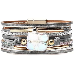 Fesciory Leopard Bracelet for Women, Boho Leather Wrap Multi-Layer Pearl Crystal Bracelet Bangle Jewelry(Gray Leather(Pearl))