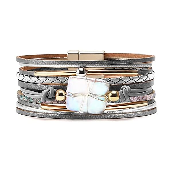 Fesciory Leopard Bracelet for Women, Boho Leather Wrap Multi-Layer Pearl Crystal Bracelet Bangle Jewelry(Gray Leather(Pearl))