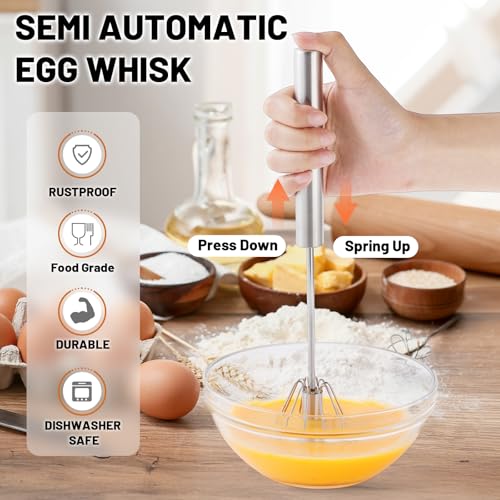 2026 Upgraded Semi-Automatic Stainless Steel Egg Beater – Hand Push Whisk for Baking, Cooking & Stirring – Perfect for Whisking Eggs, Batters & Creams – Effortless Mixing for Quick, Smooth (12in) by BAUSAR - Image 3