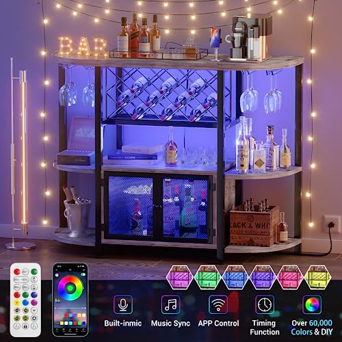 Unikito-FreeStanding-Wine-Bar-Cabinets-with-LED-Lights-and-Outlet-Home-Bar-Cabinets-for-Liquor-and-Glasses-Wine-Rack-Table-with-Door-Liquor-Bar-Stand-with-Wine-Storage-for-Home-Kitchen-Light-Oak