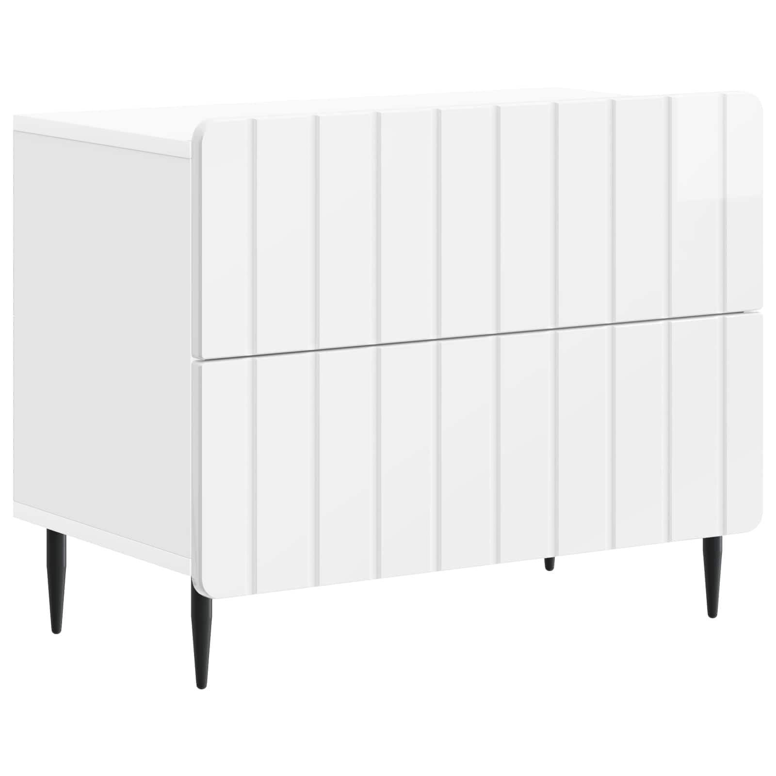 Mesita de noche moderna de color blanco brillante, 62 x 34,5 x 49,5 cm, de madera con diseño a rayas, bordes redondos y patas de hierro, mucho espacio para libros y técnica, fácil de limpiar