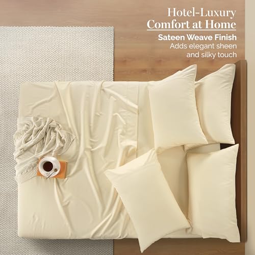 Casa Platino 100% Egyptian Cotton Sheets California King Size Set - 6 Pcs (1 Flat, 1 Fitted, 4 Pillowcases)- Ultra Smooth Sateen Weave Bed Sheets Set with 15" Deep Pockets - Ivory