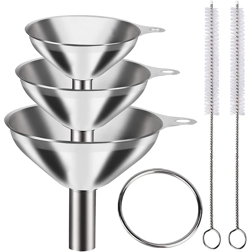 COINCE Stainless Steel Funnel Set 3 Pcs – Food Grade Metal Mini Kitchen Funnels with 2 Cleaning Brushes, Small Funnels for Liquid, Oil, Spice & Powder Transfer, Narrow Mouth Nozzles