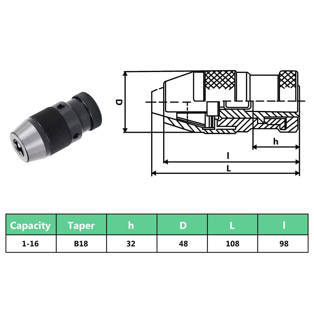 Mandrino autoserrante MT2-B18, 1-16 mm, per trapano, tornio, fresatrice