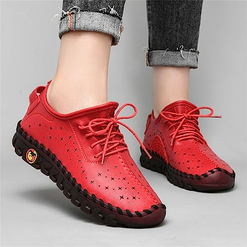 Image of Women'S Hollow Leather Lace Up Flat Loafers,Lightweight Breathable Casual Comfort Non-Slip Walking Shoes Handmade Beef Tendon Soft Sole Mom Nurse Shoes