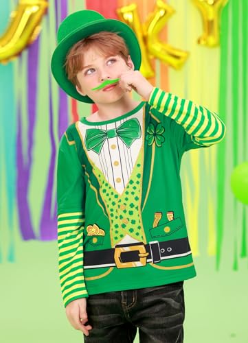 Image of Unisex Kid's St Patrick's Day Shamrock Top Striped Patchwork Irish Clover Long Sleeve Shirt 4-14 Years