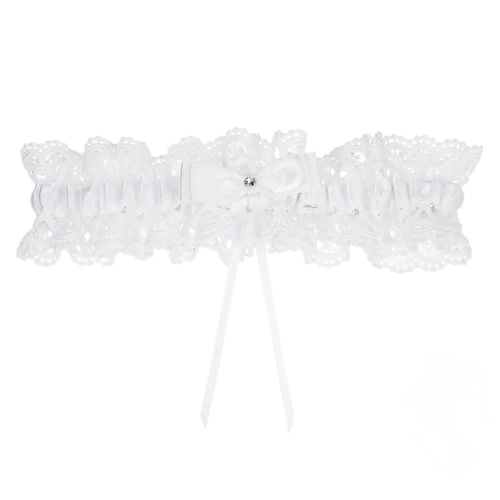 White Bridal Lace Garter with Bow and Rhinestone, Stretchy Wedding Garters