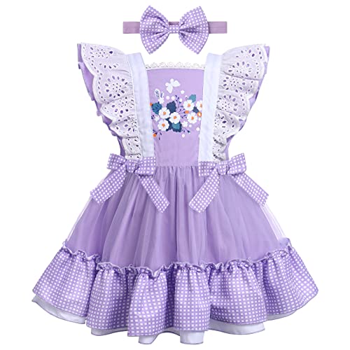 Toddler Baby Girl Ruffle Tutu Dress First Birthday Cake Smash Outfits Princess Polka Dot Bowknot Rainbow Floral Pageant Tea Party Dresses Baby Easter Baptism Dress Up Purple Flower 18-24 Months