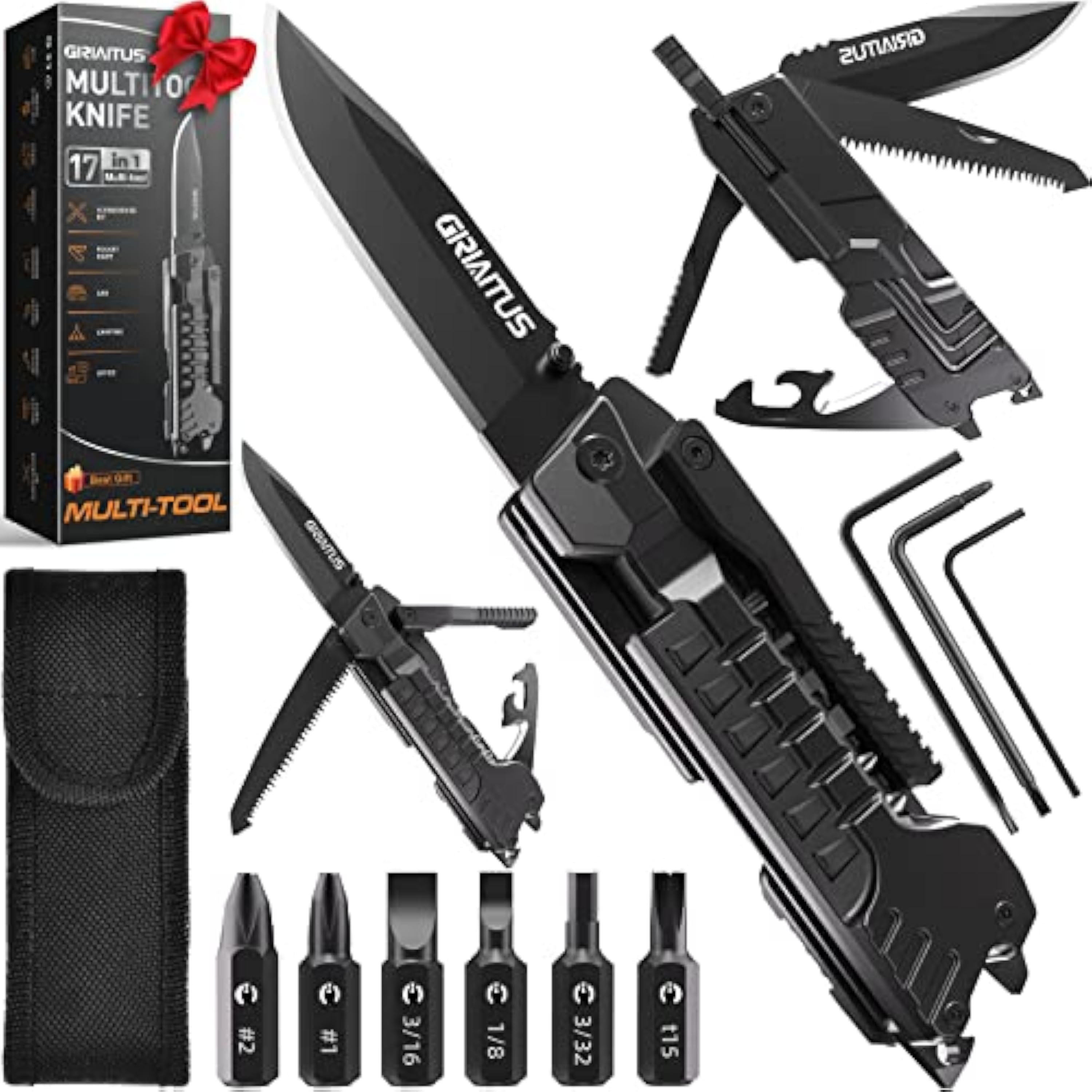 Navaja Multiusos 17en1 Herramientas Multiusos Cuchillo con Palillos para Encender Fuego, Abrelatas, Sierra, Silbato, Regalos para Hombres, Regalos Navidad, Regalo Papa