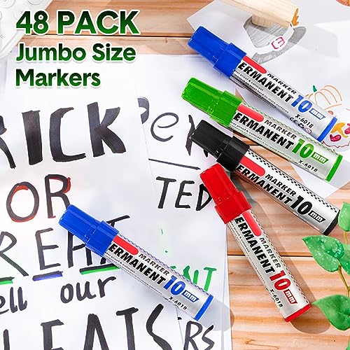 Image of Thenshop 48 Pcs Jumbo Size Permanent Markers Bulk Waterproof Chisel Tip Marker Pens for Industrial Use Work on Wood Metal Plastic Stone Glass(Black, Blue, Green, Red)