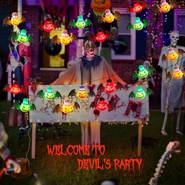 Solar Garden Lights for Halloween Decorations Outdoor, 20LED 18Ft 3D Scary Devil Pumpkin Bat Solar String Lights, Halloween Solar Lights Outside for Home Yard Garden Party Gifts Decor(Red Green White)