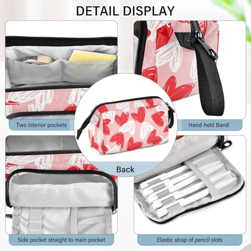 Image of Bolaz Big Capacity Pencil Pen Case Pouch Bag School College Office Organizer for Teens Girls Adults Student-Valentine's Day Red White Hearts on Pink