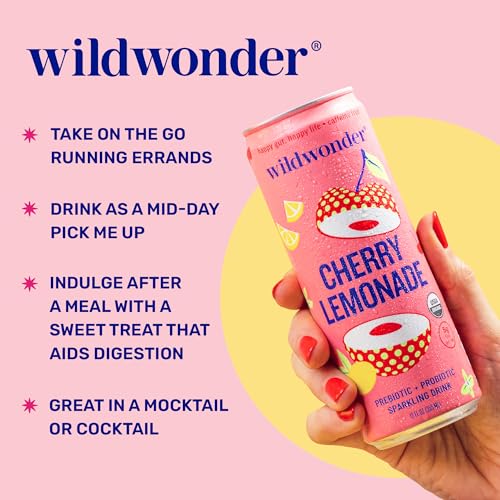NEW! wildwonder Sparkling Probiotic Drink 12pk, For Gut Health & Immune Support, Cherry Lemonade, 5g Prebiotic Fiber, Live Probiotics, Organic, Vegan, Low Sugar, 12 Pack, 12oz Can, Seen on Shark Tank - Image 4