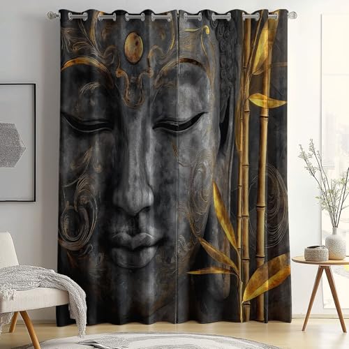 Cortinas Opacas con Aislamiento térmico, Estilo Zen Cortinas con Estatua De Buda Hojas De Bambú Estampadas, 70 x 160 cm (2 Paneles) para Dormitorio Salon Habitacion Cortinas de Casa con Ojales