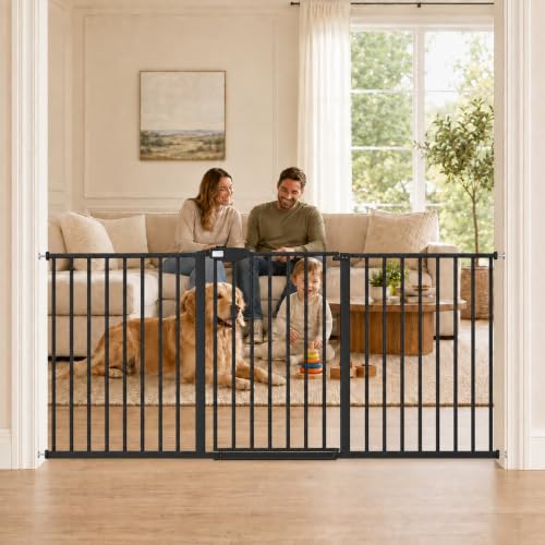 Image of WAOWAO Triple Lock Baby Gate Extra Wide 67.32-72.04 inch Pressure Mounted Walk Through Swing Auto Close Safety Black Metal Dog Pet Puppy Cat for Stairs,Doorways,Kitchen