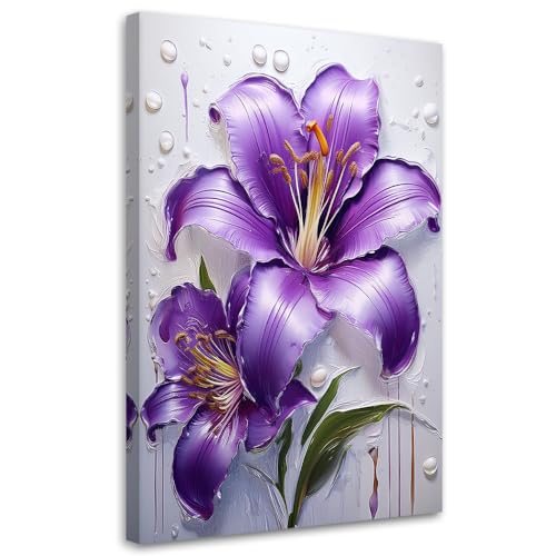 Feeby - Tableaux Decoratifs - Tableau Salon Grand Format - Fleur de lys Peinte en violet - 60x90 1partie - Tableau Decoration Murale - Toile Imprimée -...