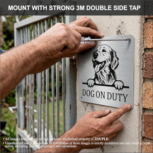 Image of Beware of Dog Sign, Golden Retriever, 8x8 Inch, Durable Steel, Triple Mount