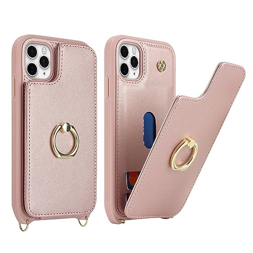 Image of for iPhone 11 Pro Phone Case with Card Holder and Strap for Women,Crossbody Lanyard,RFID Blocking,Kickstand Ring Stand,Snap Clasp,Phone Wallet Cases 5.8 inch(Rose Gold)