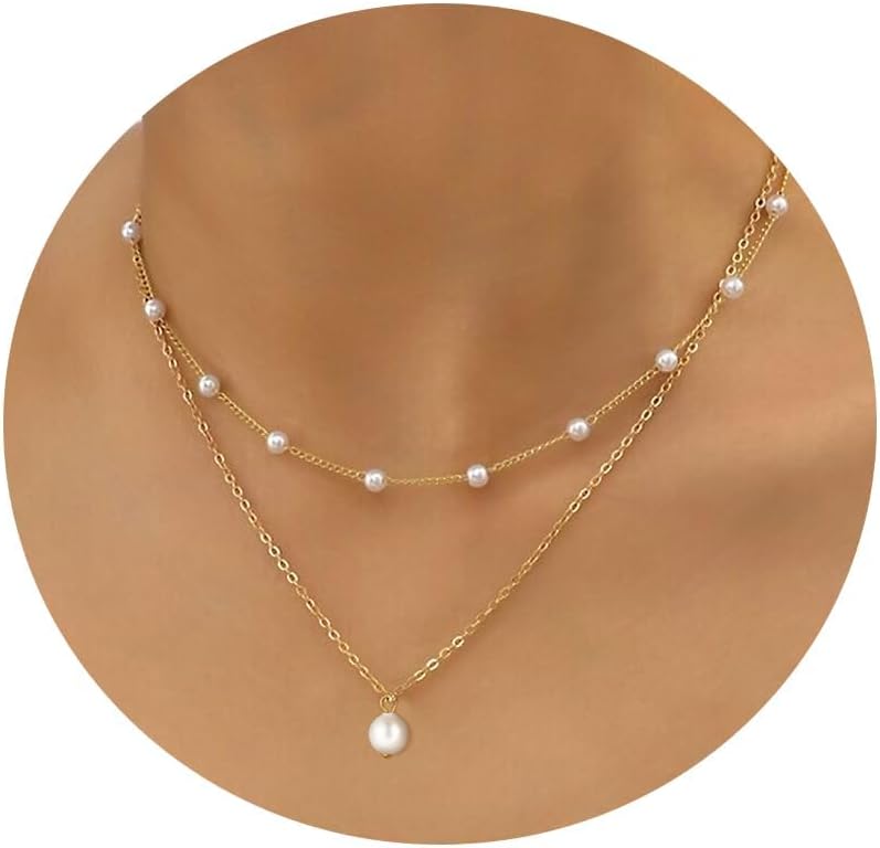 14K Gold Plated Pearl Necklace for Women, Layered Herringbone Chain and Dainty Pearl Pendant, Elegant Gold Jewelry for Daily Wear or Gifts