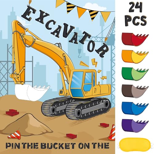 Image of WERNNSAI Pin the Bucket on the Excavator Construction Party Game | Construction Birthday Party Supplies,Truck Party Activity for Kids Boys,28 inch x 21 inch Truck Poster with 24 Stickers and Blindfold